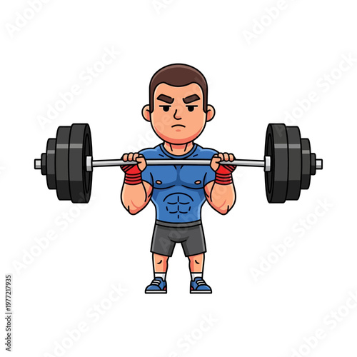 Cartoon Man Lifting Heavy Barbell in Gym, Fitness and Strength Training