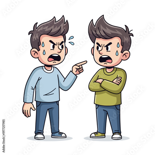 Angry men arguing, pointing fingers, conflict, disagreement, stressful situation, cartoon style