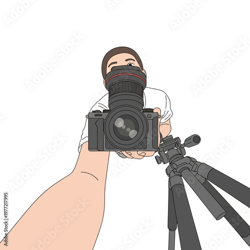 Person Holding DSLR Camera on Tripod, Selfie POV Shot