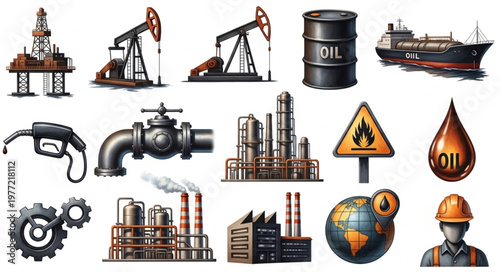 Oil Industry Elements - Rigs, Barrels, Tankers, and Infrastructure.