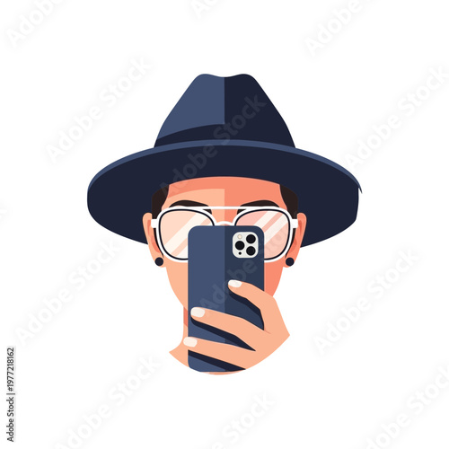 Person taking selfie with smartphone, wearing hat and glasses, vector illustration