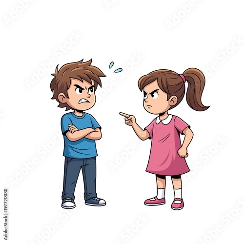 Children Arguing and Fighting, Brother and Sister Conflict, Disagreement Cartoon