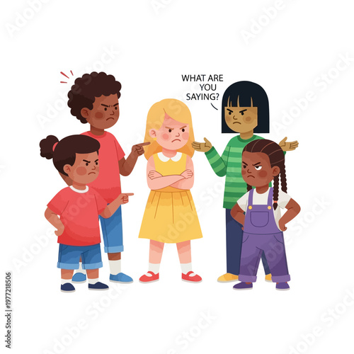 Children arguing, bullying, conflict, disagreement, diverse group, negative emotions, social issues