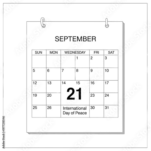 September Calendar Page - International Day of Peace on 21st