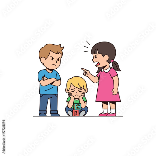 Children arguing, one child sad, bullying concept, sibling conflict, childhood issues