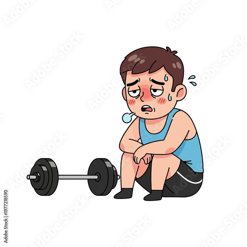 Exhausted Man Sitting Next to Dumbbell After Intense Workout