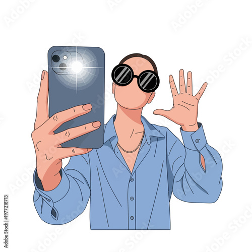 Stylish person taking a selfie with smartphone, waving hand, sunglasses, isolated