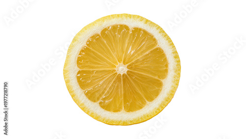 Bright yellow lemon slice with visible segments and rind, isolated on transparent background