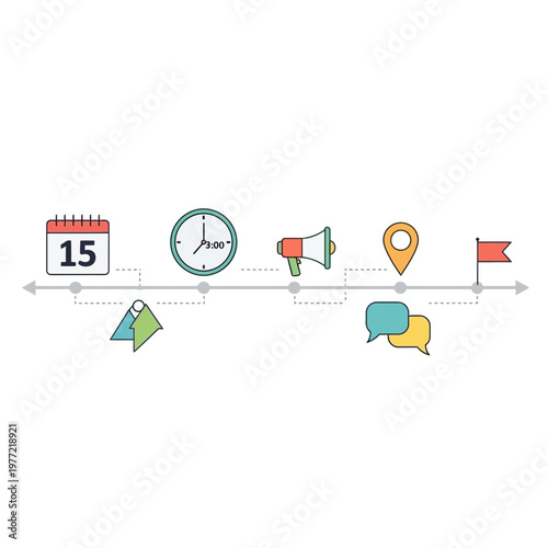 Timeline Infographic Elements: Calendar, Clock, Megaphone, Map Pin, Chat Bubbles