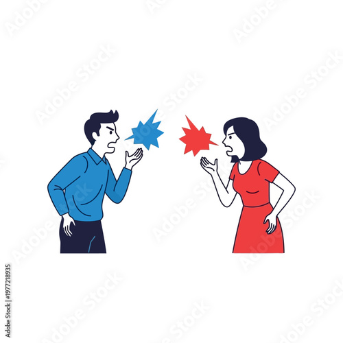 Couple arguing, shouting at each other with speech bubbles, conflict and disagreement concept