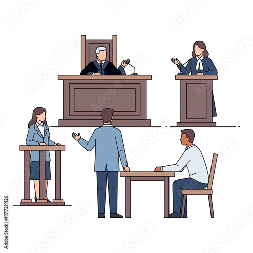 Courtroom illustration with judge, lawyers, defendant and witness in minimalist style
