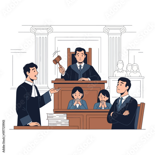 Courtroom Drama: Judge, Lawyers, and Accused in Legal Trial Scene