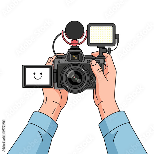 Vlogging camera setup held by hands, with microphone and LED light