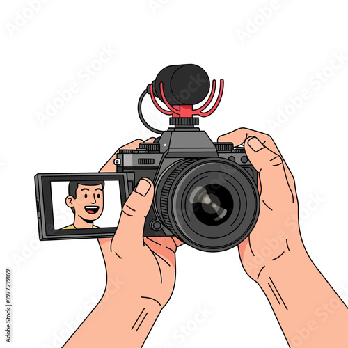 Vlogger holding camera with microphone, recording video, screen shows smiling man