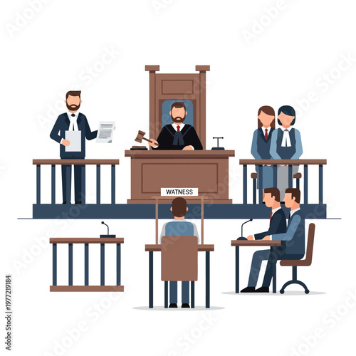 Courtroom Scene Illustration: Judge, Lawyers, Witness, Justice System Concept