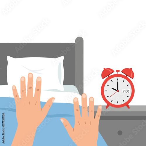Waking Up Early: Hands Reaching Out From Bed Towards Alarm Clock At 7 AM