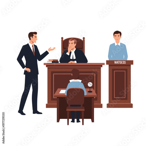 Courtroom Scene: Lawyer, Judge, Witness & Defendant in Legal Trial Illustration