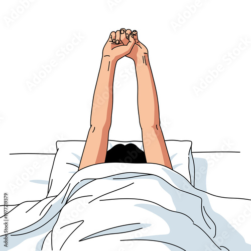 Woman Waking Up Stretching Arms Above Head In Bed