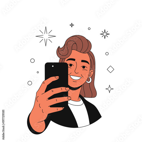 Woman Taking Selfie with Smartphone, Smiling, Sparkles and Stars