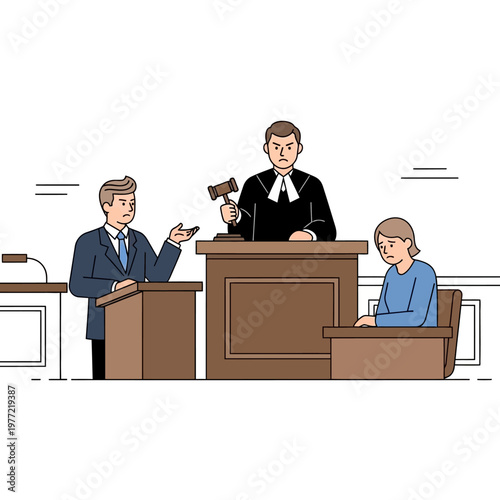 Courtroom scene with judge, lawyer, and defendant during a legal trial