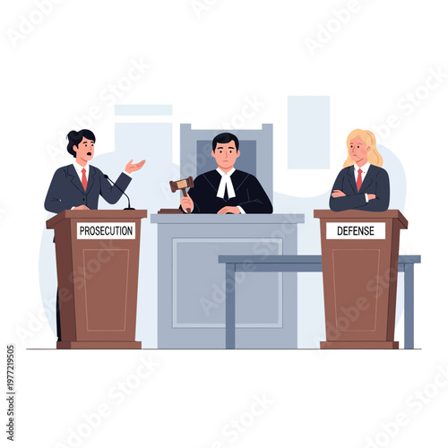 Courtroom scene with judge, prosecution, and defense lawyers presenting arguments