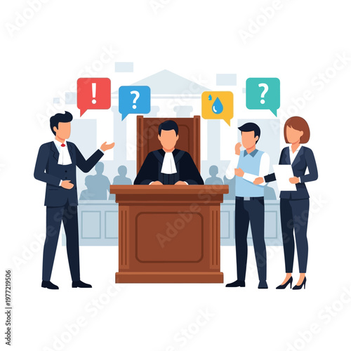 Courtroom scene with judge, lawyers, and symbolic speech bubbles representing legal questions and decisions.