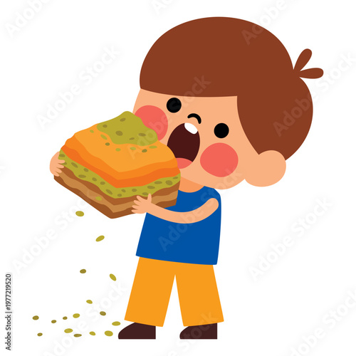 Cartoon Turkish Child Eating Baklava