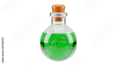 Vector illustration of glass bottle with green magic potion and cork stopper on a transparent background