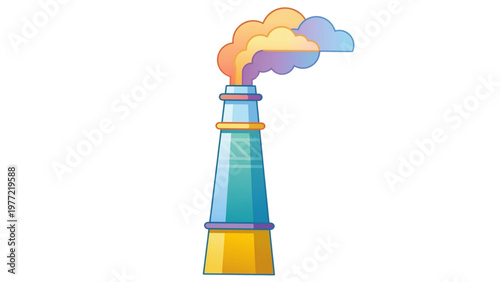 Colorful industrial smokestack emitting steam on white background  