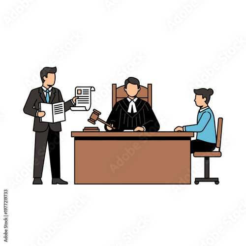 Judge Presiding Over Court Hearing with Lawyer Presenting Evidence and Defendant