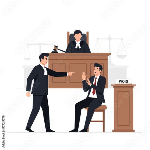 Lawyer Accusing Defendant Before Judge in Courtroom, Justice Scales, Gavel