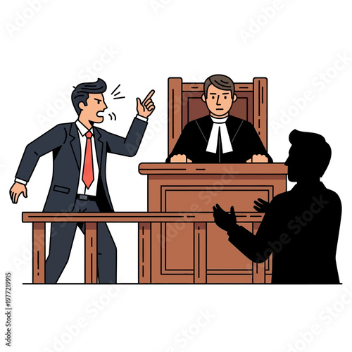 Lawyer arguing in court, judge presiding, defendant shadow silhouette