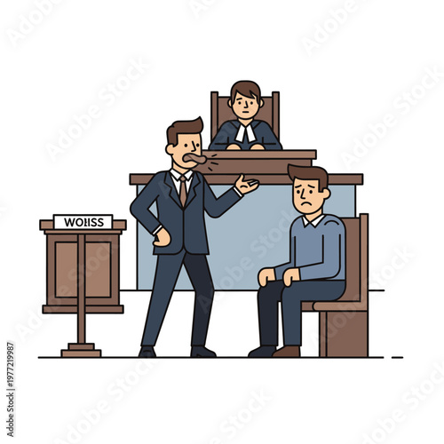 Lawyer arguing with defendant in courtroom, judge presiding, legal judgment concept