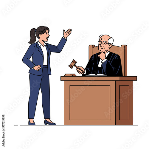 Lawyer arguing with judge in courtroom, legal dispute, justice concept