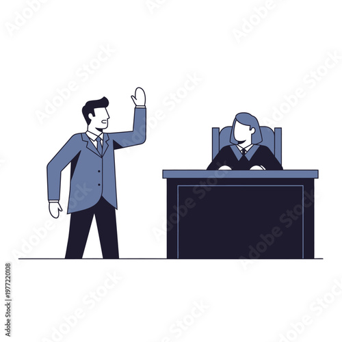 Lawyer raising hand in courtroom before judge, legal system concept, vector illustration