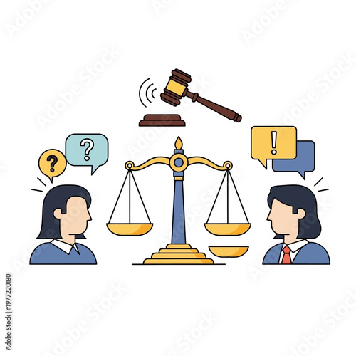 Legal dispute resolution concept - scales of justice, gavel, and people with questions and answers