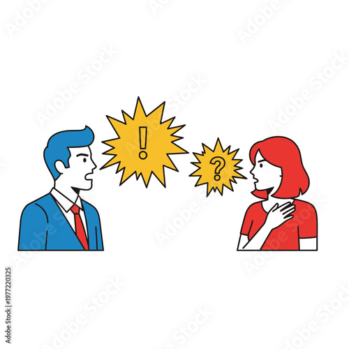 Man and woman arguing with speech bubbles, disagreement, conflict, communication breakdown
