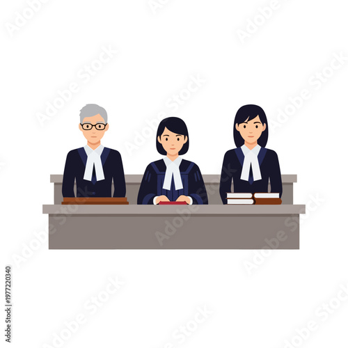 Three Judges in Courtroom Wearing Robes, Justice System Concept