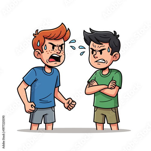 Two angry boys arguing and fighting, cartoon illustration