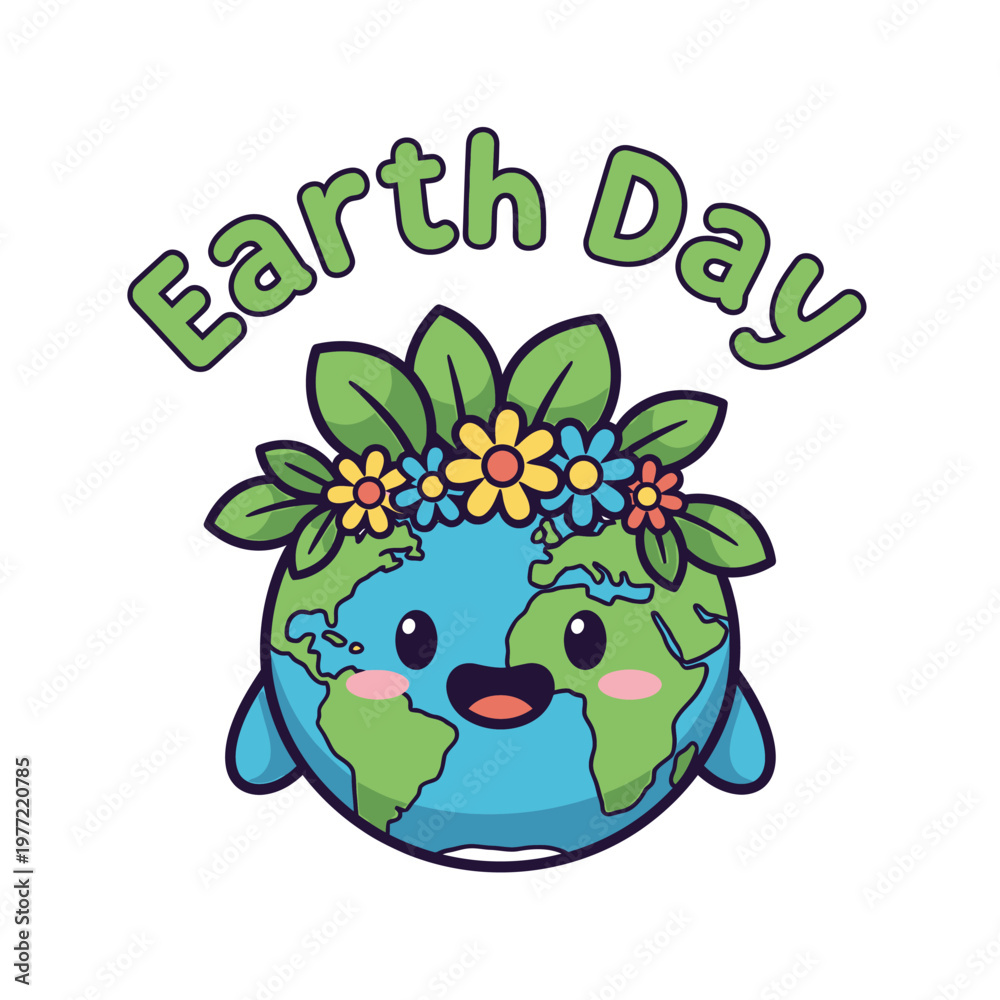 Fototapeta premium Earth Day Cartoon Character With Flowers On Head