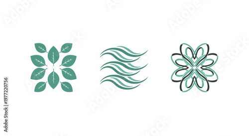 Green leaf and wave floral designs.