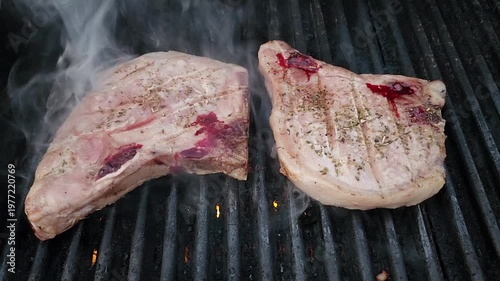 Porkchops cooking on a summer grill, mp4 video. 