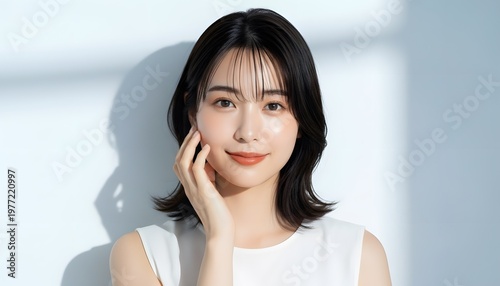 ミディアムヘアの透明感のある女性の美容ポートレート