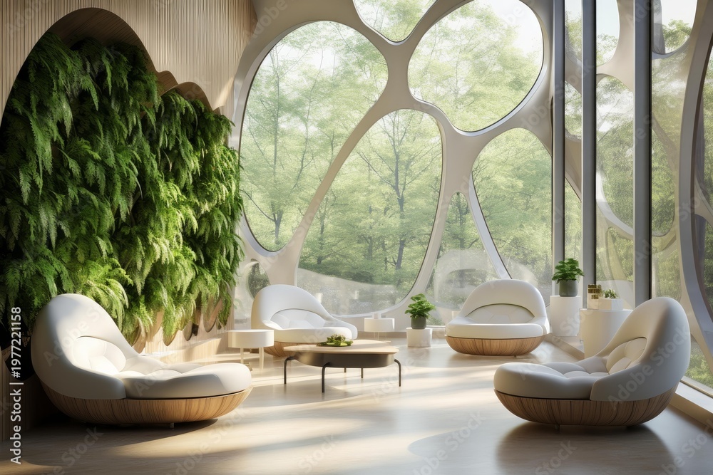 Fototapeta premium Modern lounge interior featuring a large green living wall and abstract windows overlooking nature