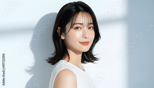 ミディアムヘアの透明感のある女性の美容ポートレート