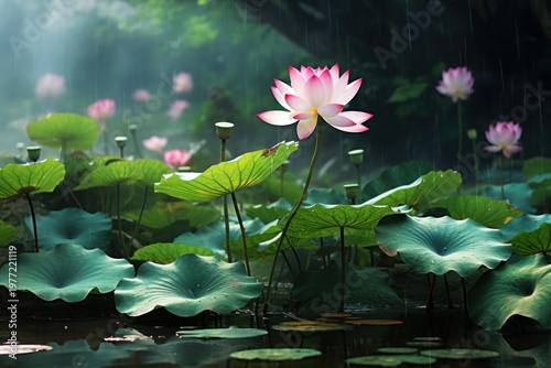 Pink lotus flowers and green lily pads floating on a pond during a gentle rain