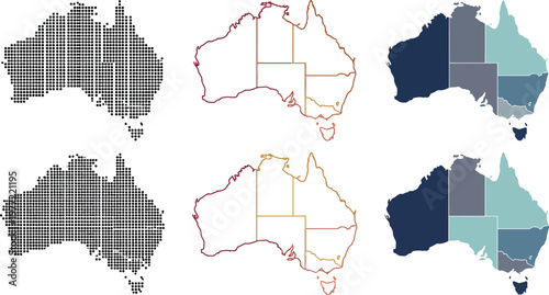 Australia map set including dotted halftone shapes, colorful outline divisions, and flat state regions for professional graphic design projects
