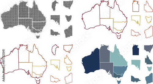 Australia map collection featuring various vector graphic styles including halftone patterns outline borders and solid colored region shapes designs