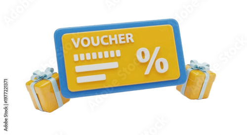 Vector illustration of 3d rendering of a discount voucher with percentage sign and gift boxes on a transparent background