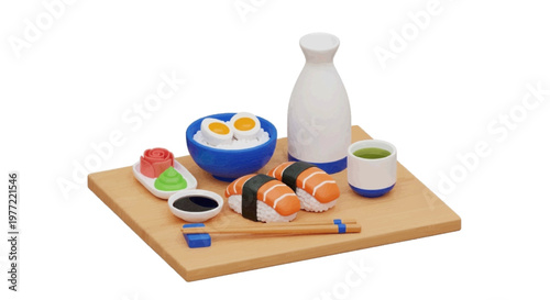 Vector illustration of miniature japanese sushi set with salmon nigiri, rice bowl, and sake bottle on a transparent background